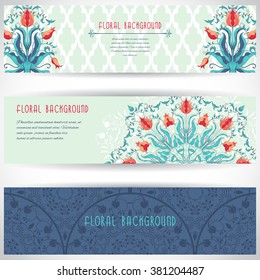 Set of three horizontal banners. Moroccan tiles ornament on backdrop. Tulip pattern with curls. Place for your text.