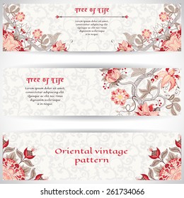 Set of three horizontal banners. The motives of the paintings of ancient Indian fabrics. Tree of Life collection. Place for your text.