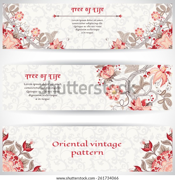 Set of three horizontal banners. The motives of the\
paintings of ancient Indian fabrics. Tree of Life collection. Place\
for your text.