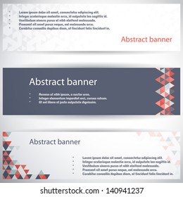 Set of three horizontal banners.  Multicolored triangles and grid. Complied with the standard sizes.