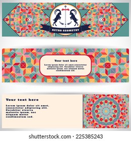 Set of three horizontal banners. Multicolored figures and grid. Beautiful round label with two goats and ribbon. Place for your text. 
