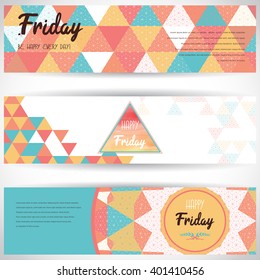 Set of three horizontal banners with  multicolored triangles. Grid pattern and frames. Place for your text.