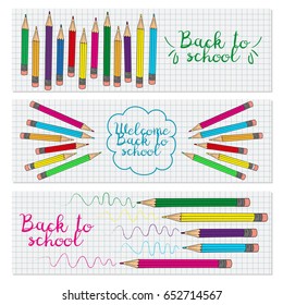 Set of three horizontal banners with multicolored pencils. Doodle back to school background. Vector illustration.