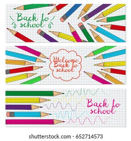 Set of three horizontal banners with multicolored pencils. Doodle back to school background. Vector illustration.