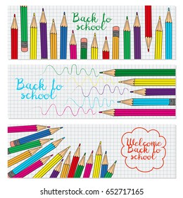 Set of three horizontal banners with multicolored pencils. Doodle back to school background. Vector illustration.