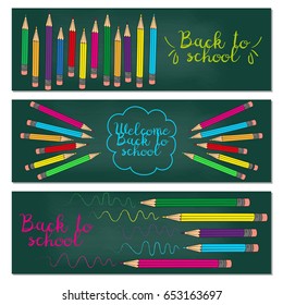 Set of three horizontal banners with multicolored pencils. Doodle back to school background. Vector illustration.