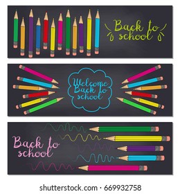 Set of three horizontal banners with multicolored pencils. Doodle back to school background. Vector illustration.