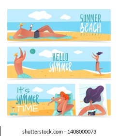 set of three horizontal banners on the theme of beach summer holidays activities on white background with inscriptions men and women in swimsuits sunbathers