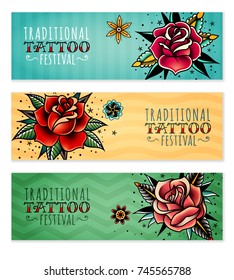 set of three horizontal banners on the subject tattoo festival with traditional roses