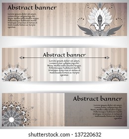 Set of three horizontal banners. Oriental floral designs. Made old surface. Place for your text.