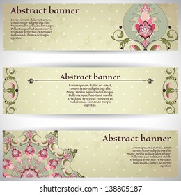 Set of three horizontal banners. Oriental pattern and old paper, polka dots and stains. Place for your text.