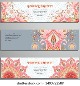 Set of three horizontal banners. Oriental paisley pattern with peacock feather elements