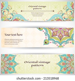 Set of three horizontal banners. Oriental floral pattern. Simple delicate ornament. Place for your text. 