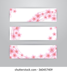 Set of three horizontal banners with pink sakura flowers on white background. Springtime banners