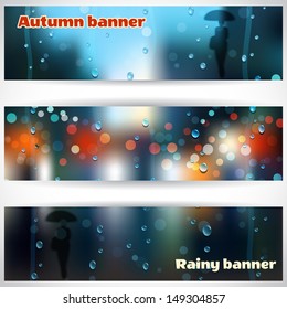 Set of three horizontal banners.  Rain, wet glass, street, a man with an umbrella. Place for you text