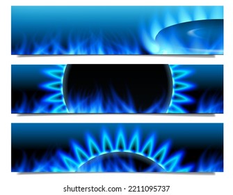 Set of three horizontal banners with realistic transparent neon blue flame and gas burner. Abstract illustration of website header or flyer templates. Vector.
