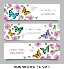 Set of three  horizontal banners with roses and butterflies. Banners with place for your text, isolated on gray background. Vector illustration for your design.