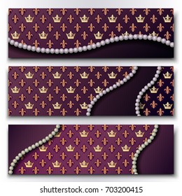 A set of three horizontal banners with royal lilies and crowns and with space for text. Vector illustration.