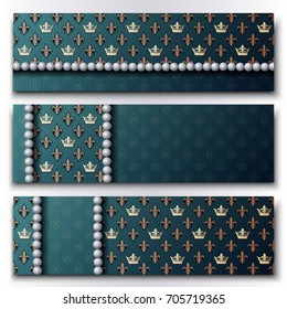 Set of three horizontal banners with royal lilies and crowns. Vector illustration. 