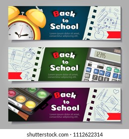 A set of three horizontal banners with school supplies and elements.Templates with supplies tools. Vector shopping banner.
