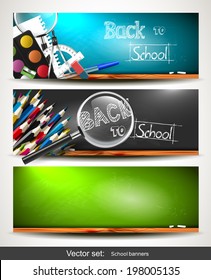 Set of three horizontal banners with school supplies on the chalkboard