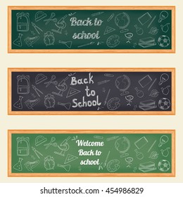 Set of three horizontal banners with school supplies. Doodle back to school background.
