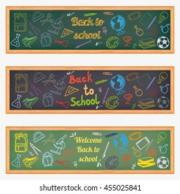 Set of three horizontal banners with school supplies. Doodle back to school background.