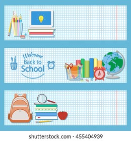 Set of three horizontal banners with school supplies as books, laptop, backpack, pencils, alarm clock, globe, magnifying glass and other. Welcome back to school logo. Education concept. Vector.
