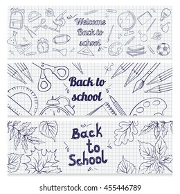 Set Of Three Horizontal Banners With School Supplies. Doodle Back To School Background.