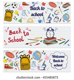 Set of three horizontal banners with school supplies. Doodle back to school background.