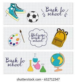 Set of three horizontal banners with school supplies. Doodle back to school background. Vector illustration.