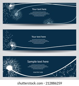 set of three horizontal banners with silhouettes of dandelions on a dark blue background