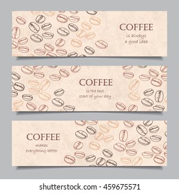Set of three horizontal banners with silhouettes of coffee beans.  Place for your text. Quote about coffee. Vector illustration for your design. 