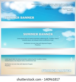 Set of three horizontal banners. Sky, clouds, sunshine and sandy beach. Place for your text.
