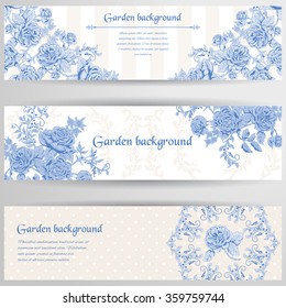 Set of three horizontal banners. Striped background with a bouquet of french roses. Vintage style. Polka dots backdrop. Place for your text.