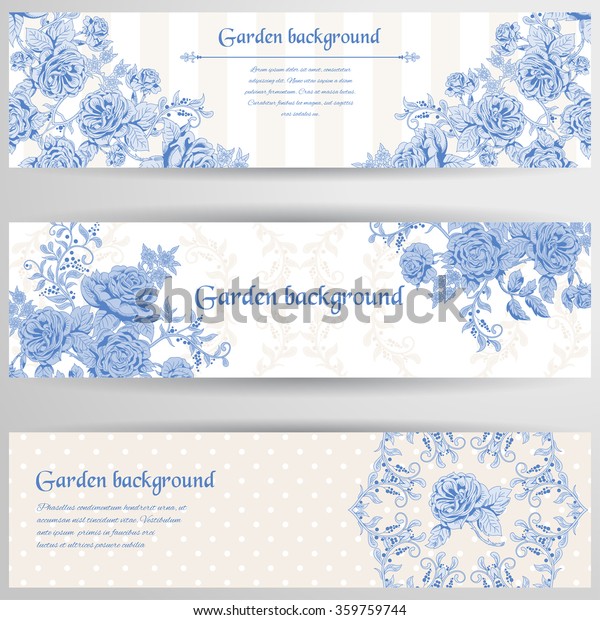Set of three horizontal banners. Striped background\
with a bouquet of french roses. Vintage style. Polka dots backdrop.\
Place for your text.