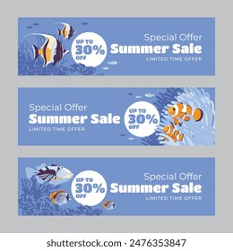 Set of three horizontal banners. Summer season discount advertising. Underwater animals from the coral reef. Diving. Vector illustration