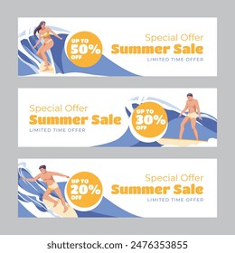 Set of three horizontal banners. Summer season discount advertising. Surfing and active beach recreation. Vector flat illustration
