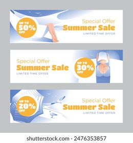Conjunto de tres Anuncios Horizontales. Publicidad de descuento de temporada de verano. Un símbolo de la temporada navideña. Ilustración vectorial