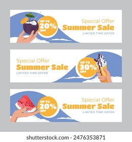 Set of three horizontal banners. Summer season discount advertising. A symbol of the holiday season. Vector illustration