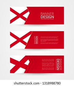 Set of three horizontal banners with US state flag of Alabama. Web banner design template in color of Alabama flag. Vector illustration.