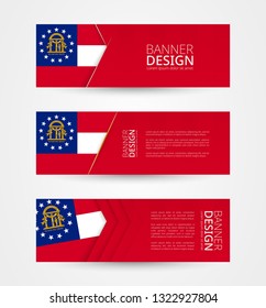 Set of three horizontal banners with US state flag of Georgia. Web banner design template in color of Georgia flag. Vector illustration.