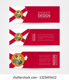 Set of three horizontal banners with US state flag of Florida. Web banner design template in color of Florida flag. Vector illustration.