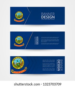 Set of three horizontal banners with US state flag of Idaho. Web banner design template in color of Idaho flag. Vector illustration.
