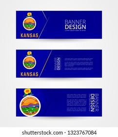 Set of three horizontal banners with US state flag of Kansas. Web banner design template in color of Kansas flag. Vector illustration.