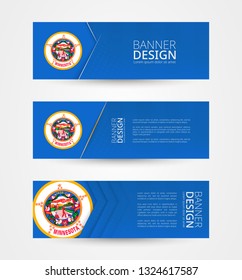 Set of three horizontal banners with US state flag of Minnesota. Web banner design template in color of Minnesota flag. Vector illustration.