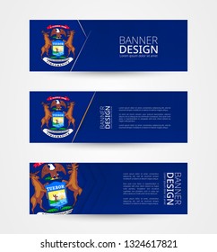 Set of three horizontal banners with US state flag of Michigan. Web banner design template in color of Michigan flag. Vector illustration.