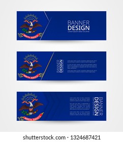 Set of three horizontal banners with US state flag of North Dakota. Web banner design template in color of North Dakota flag. Vector illustration.