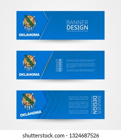 Set of three horizontal banners with US state flag of Oklahoma. Web banner design template in color of Oklahoma flag. Vector illustration.