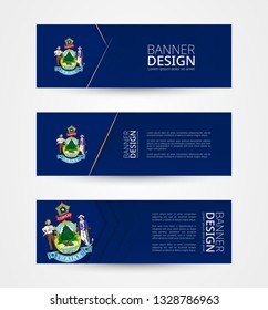 Set of three horizontal banners with US state flag of Maine. Web banner design template in color of Maine flag. Vector illustration.